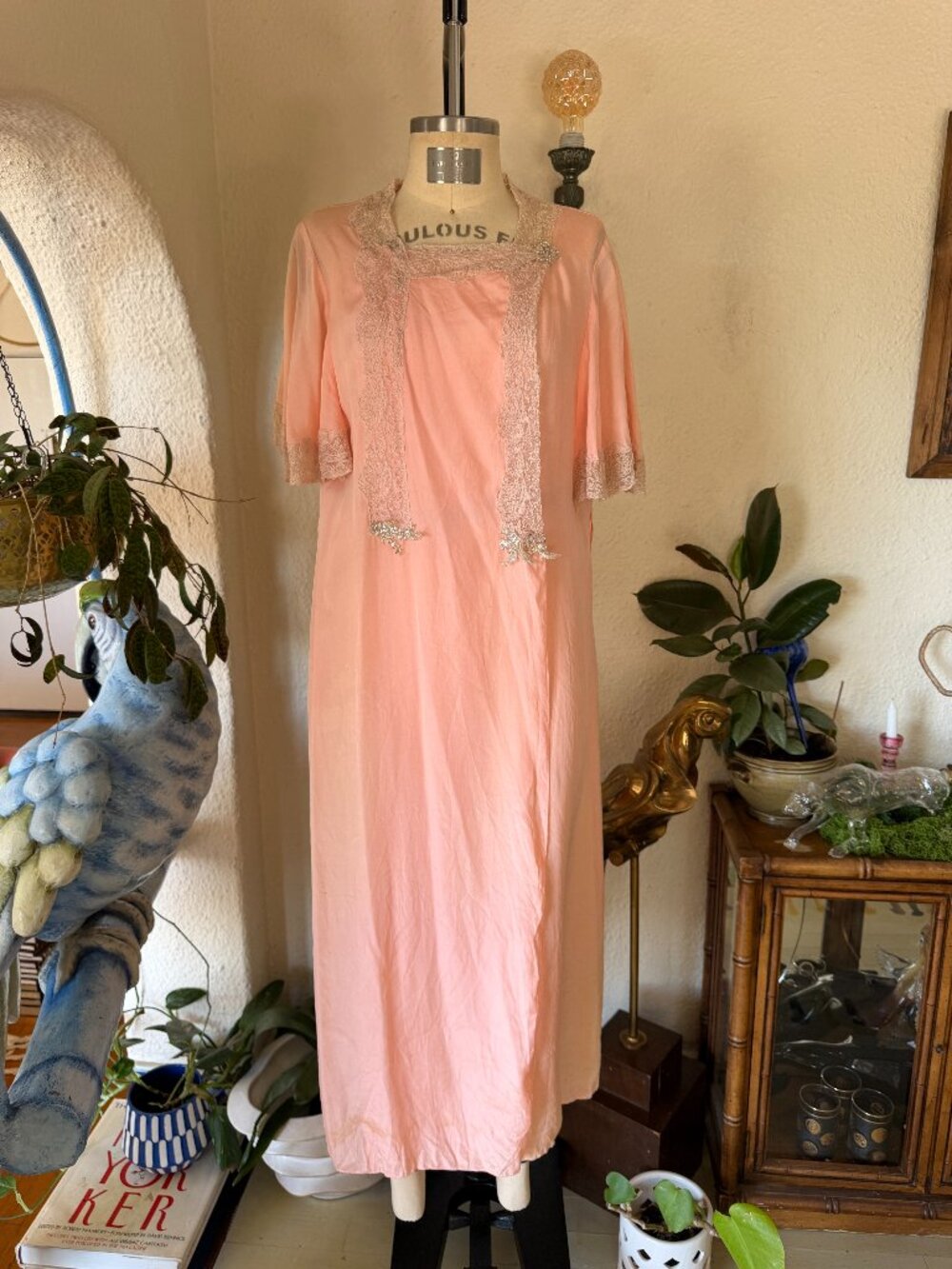 Antique Vintage Peach Pink Dress Duster Nightie Robe VTG